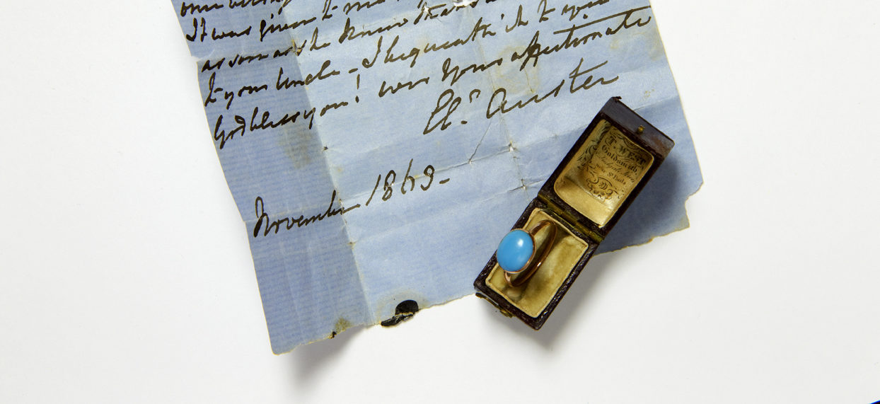 Jane Austen's turquoise ring in a box, showing provenance note