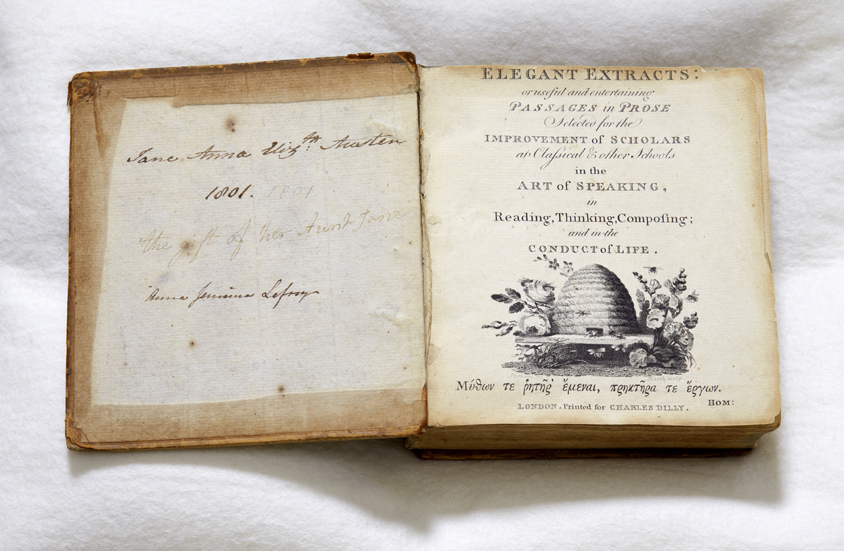 Elegant Extracts shown open on first page, with Jane Austen's name inscribed in the cover