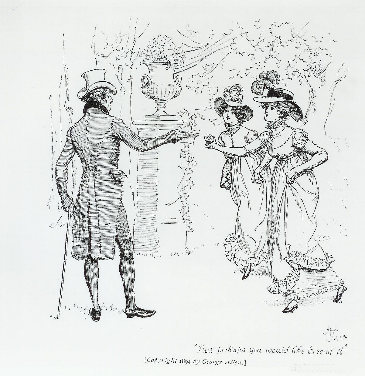 Illustration by Hugh Thomson: Mr Bennet with Lizzie and Jane