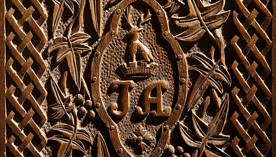 Close up of Jane Austen's carved wooden letter case