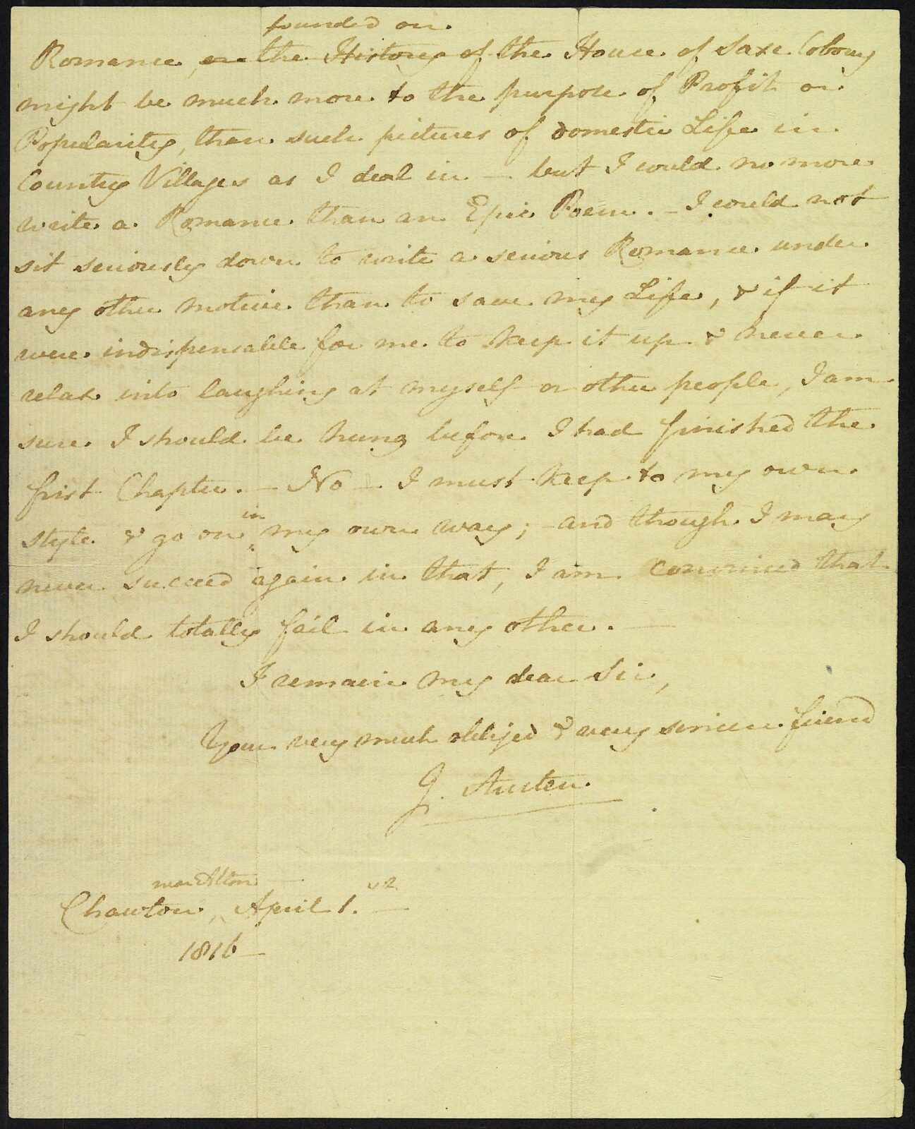 The second page of a letter from Jane Austen to James Stanier Clarke, 1 April 1816