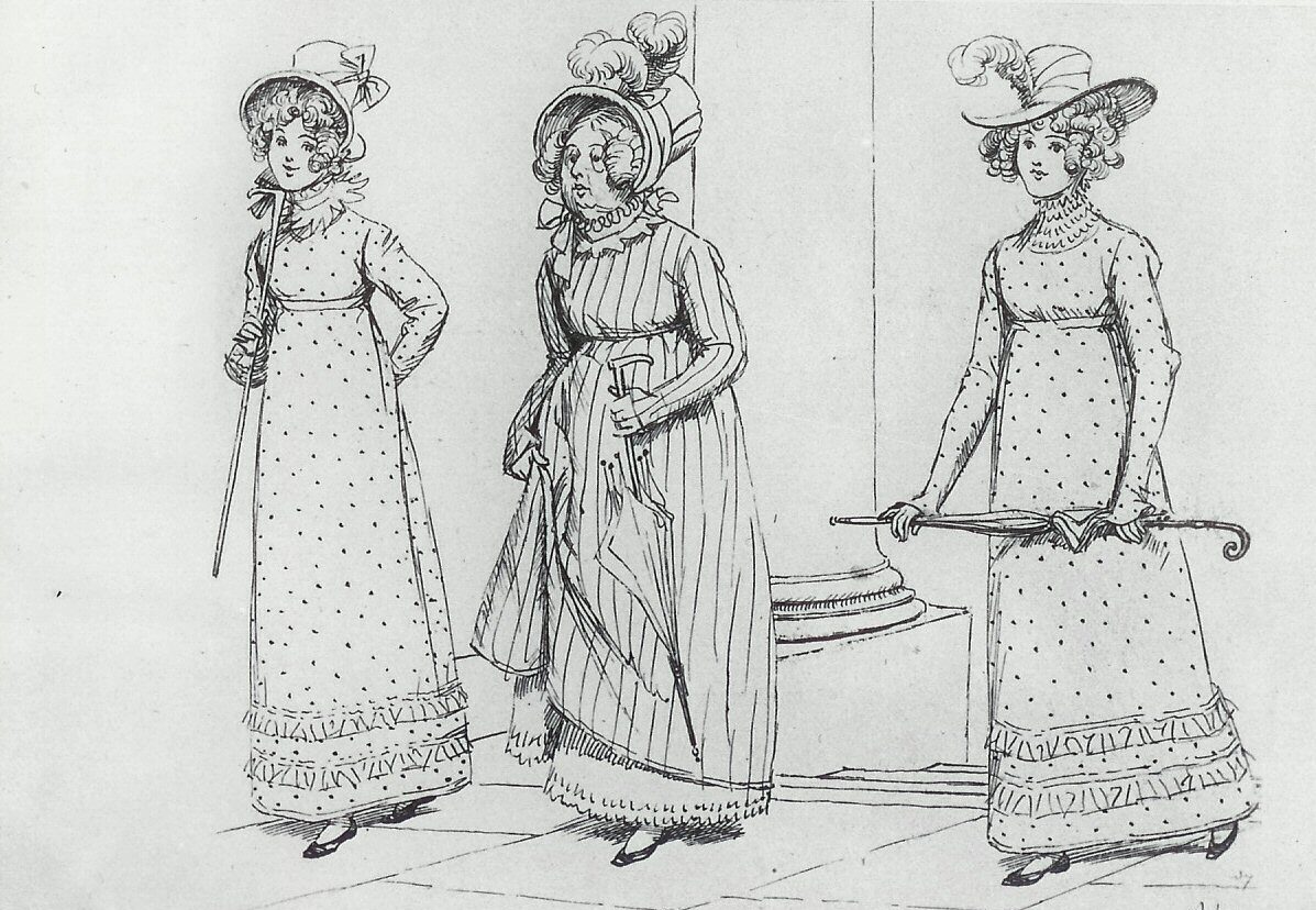 Mrs Bennet and her two youngest girls. Illustration by Hugh Thomson for Pride and Prejudice