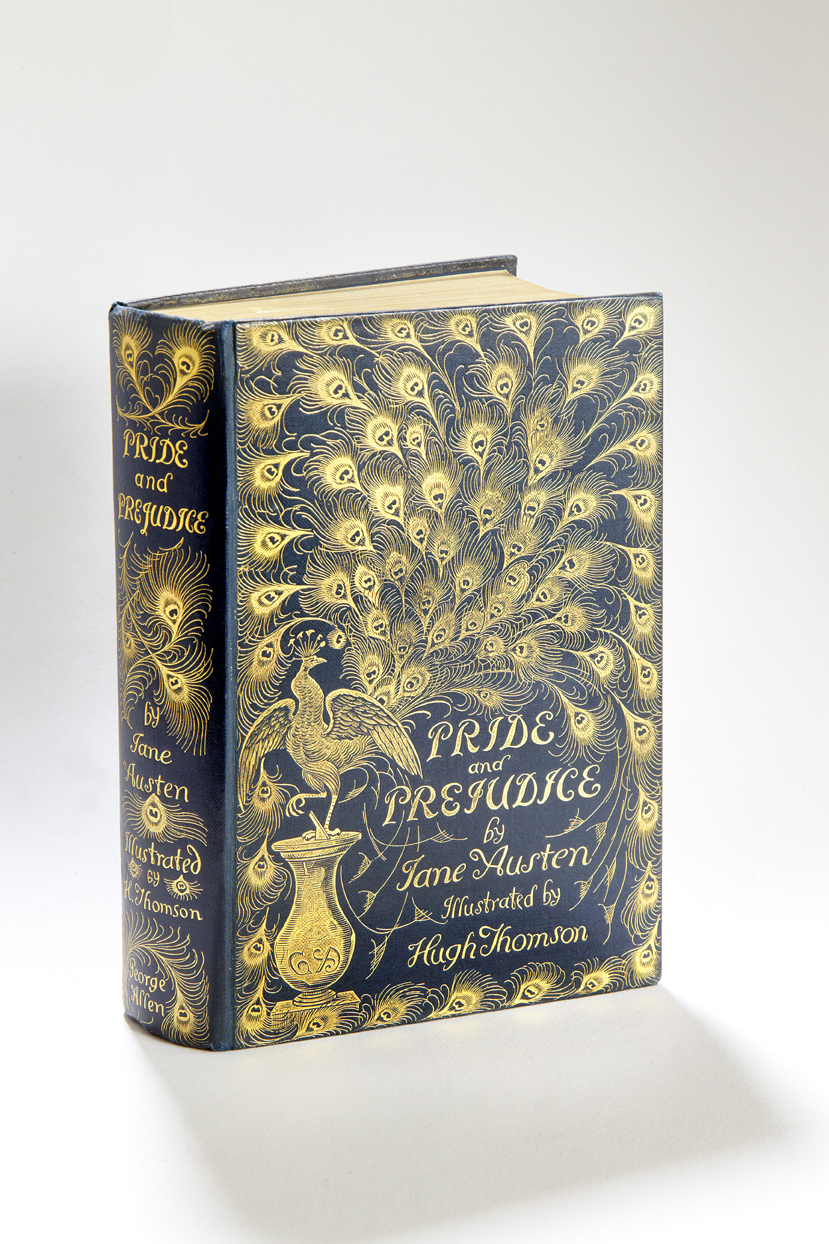 'Pride and Prejudice' with Hugh Thomson's cover design of a gilt peacock feather pattern on a green cloth cover