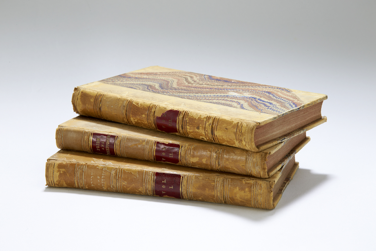 Pride and Prejudice first edition, three volumes with marbled paper covers