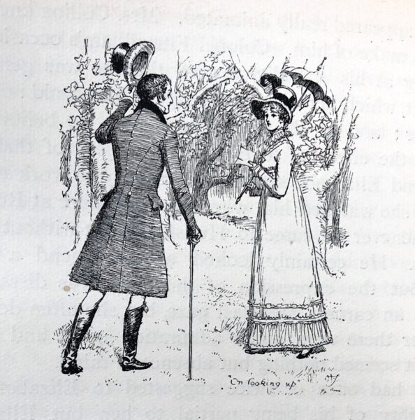 An illustration by Hugh Thomson, 1894, showing Mr Darcy raising his hat to Elizabeth