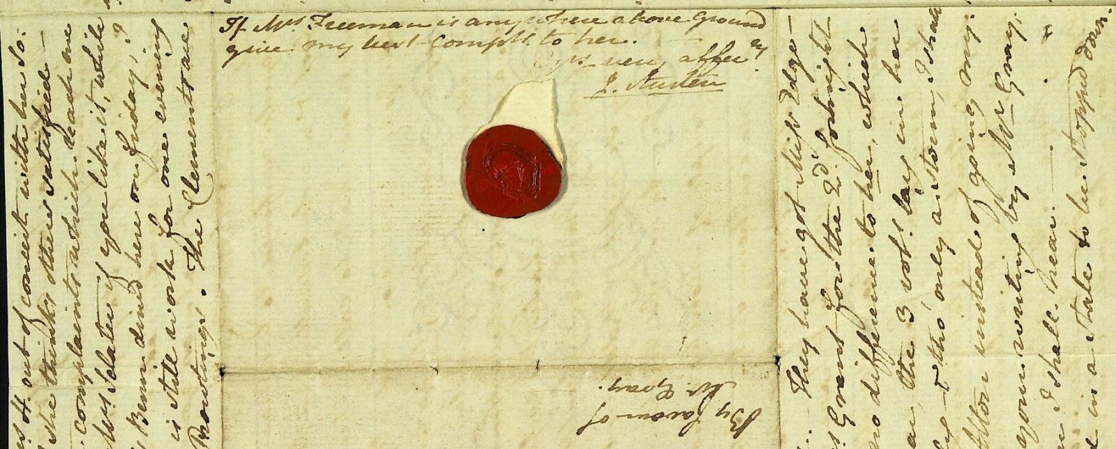 Letter from Jane Austen to Cassandra Austen, 9 February 1813. Close up of edge of the letter where the signature has been squeezed in just above the wax seal.