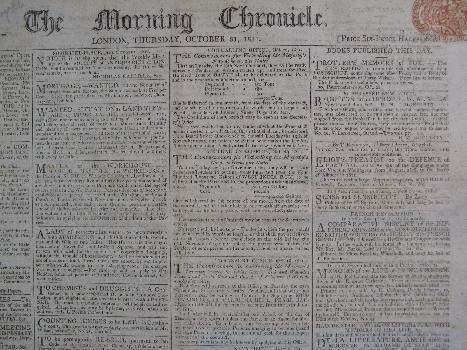 Newspaper, The Morning Chronicle, London Thursday October 31st 1811.