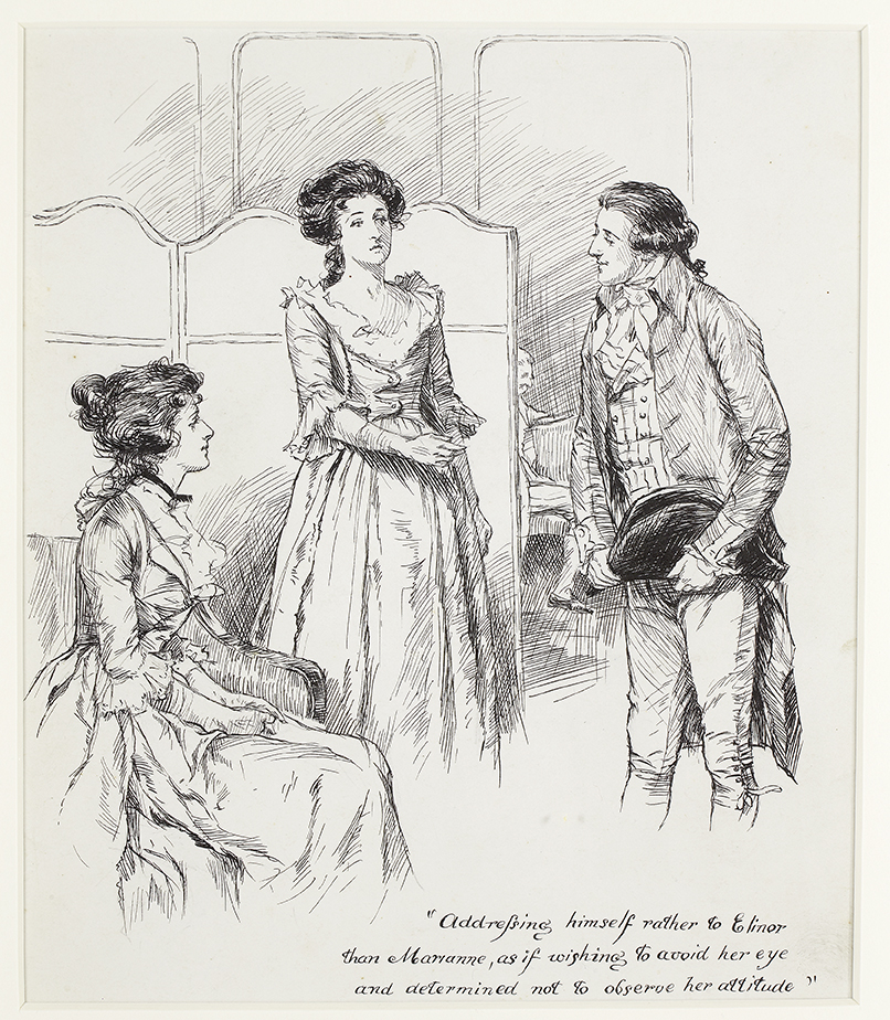 Illustration by Chris Hammond for 'Sense & Sensibility'. The scene is Willoughby approaching Elinor and Marianne in a ballroom
