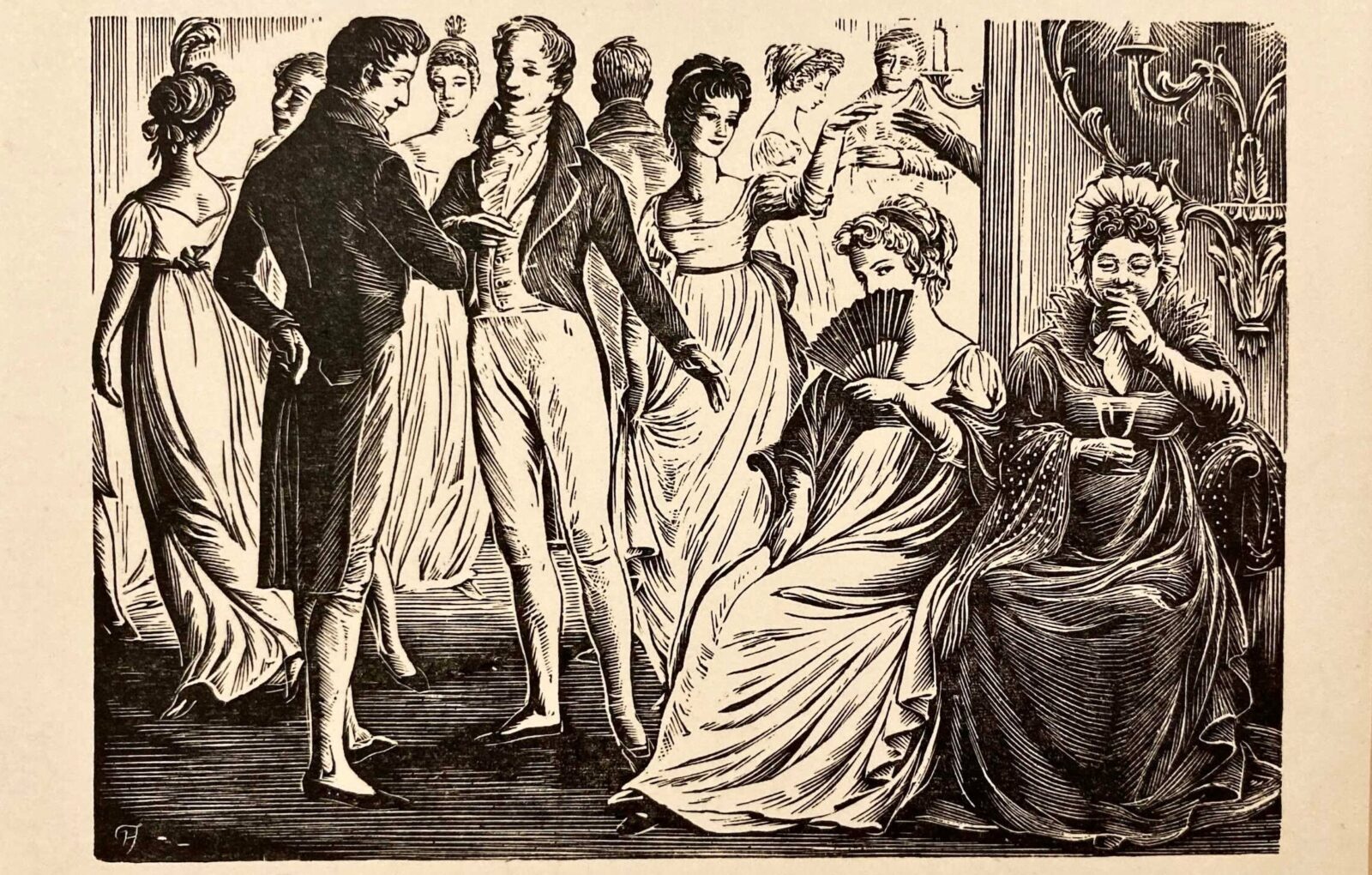 Woodcut illustration by Joan Hassel for Pride & Prejudice, showing a glamorous Regency ballroom