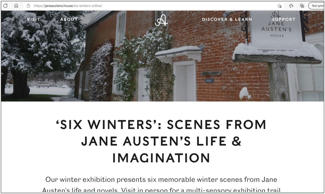 A screenshot of the 'Six Winters' online exhibition homepage on the Jane Austen's House website