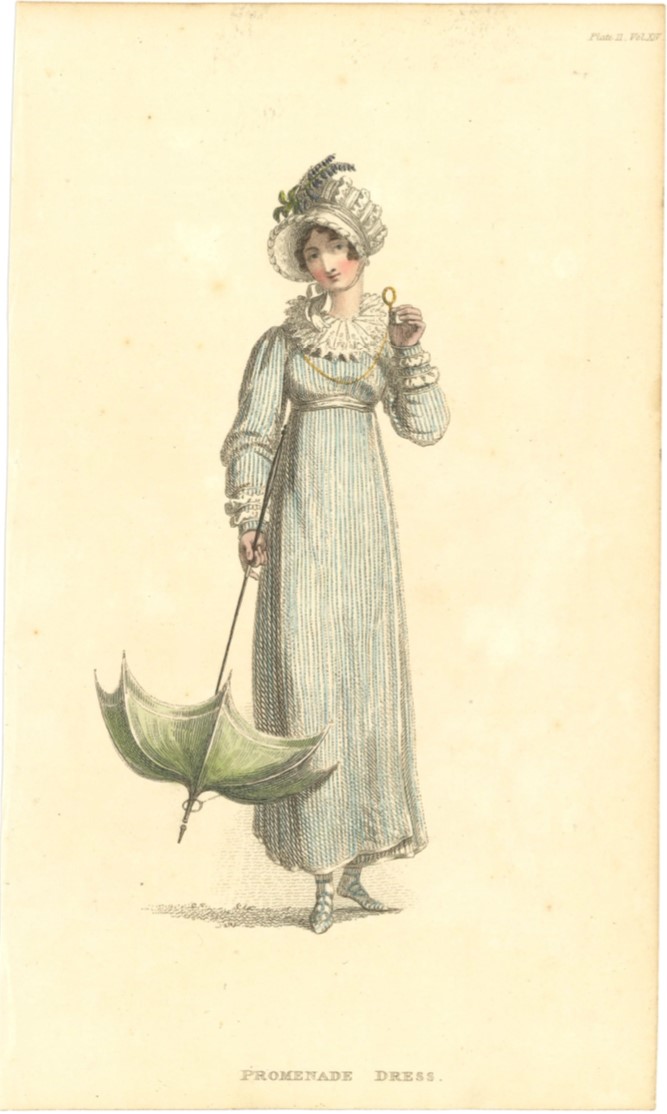 Regency fashion plate showing a Promenade Dress in striped silk, with a parasol and French bonnet