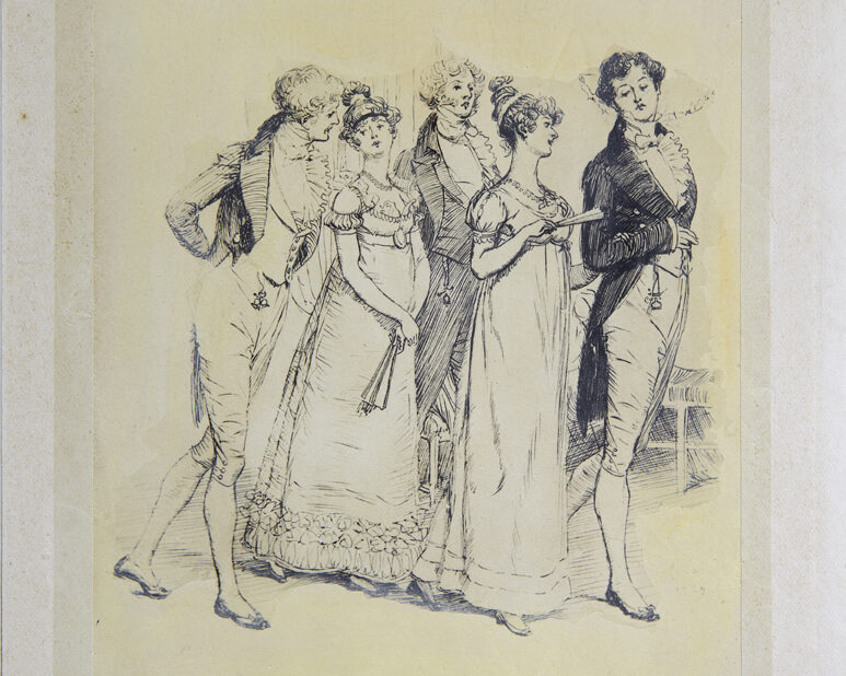 Illustration from Pride & Prejudice by Hugh Thomson, showing Mr Bingley and his party entering the Meryton assembly