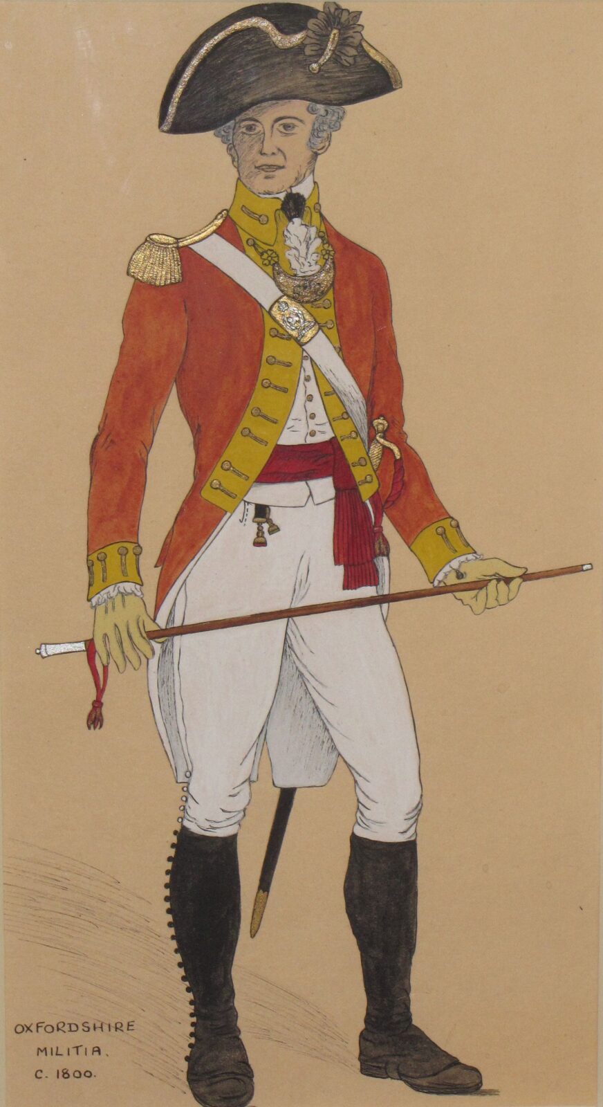 Coloured drawing of an Officer in Captain's Uniform of the Oxfordshire Militia circa 1800, by Joan Corder