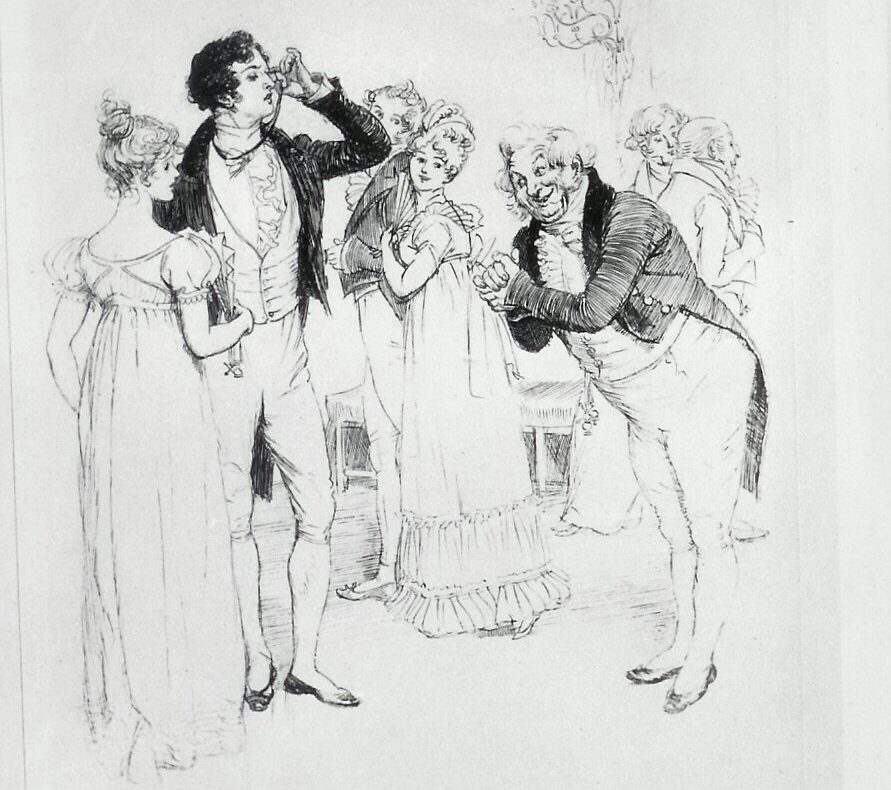 Illustration from Pride & Prejudice by Hugh Thomson, showing Sir William Lucas complimenting Elizabeth and Darcy on their "superior dancing"