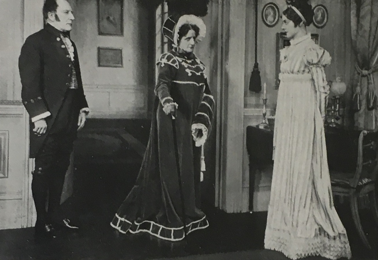 Production shot of the 1936 stage adaptation of Pride & Prejudice at St James' Theatre, showing Eva Moore as Lady Catherine de Bourgh