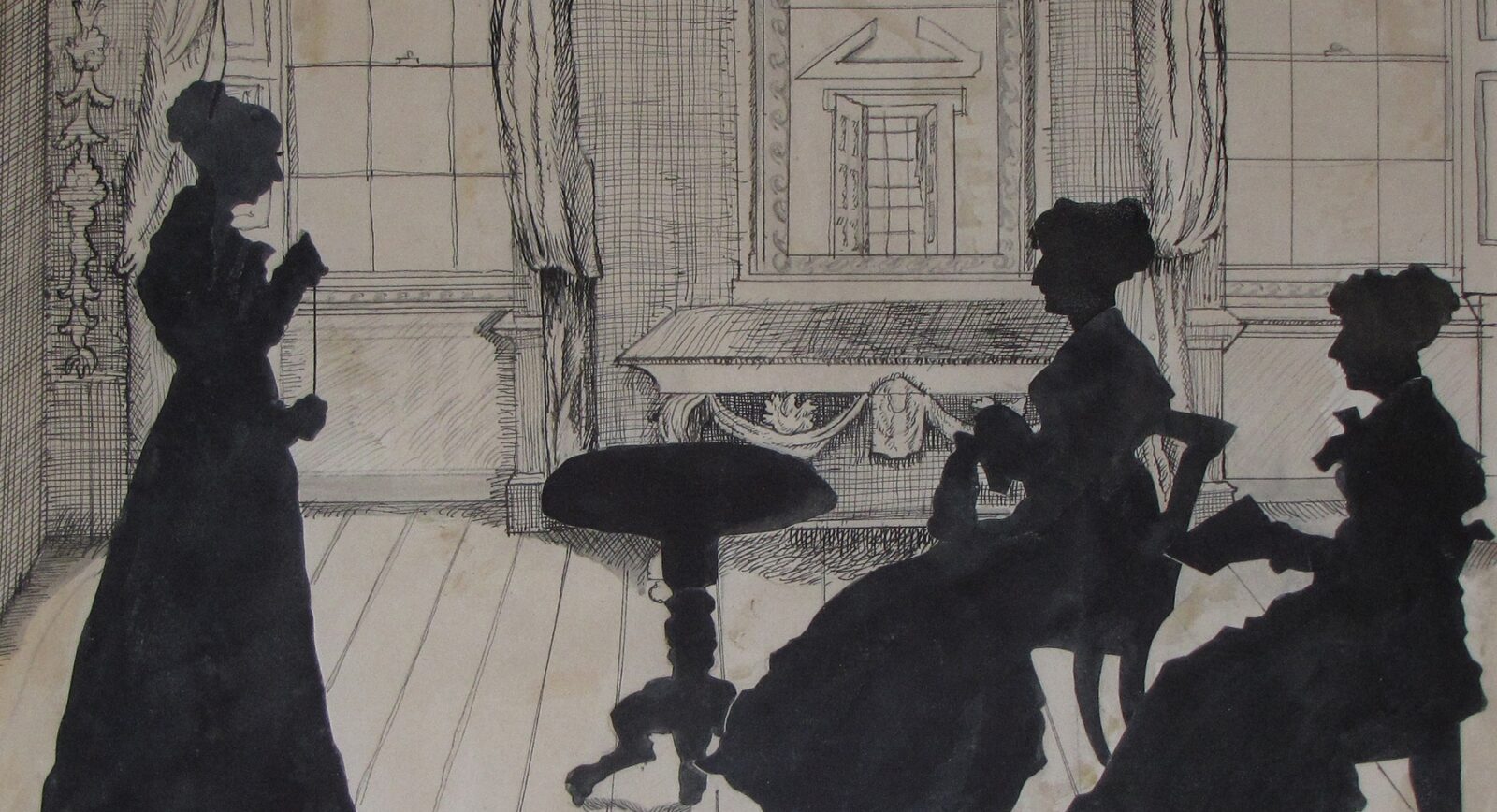 Silhouette portrait of Marianne, Louisa and Cassandra Knight in the Drawing Room at Godmersham Park. 