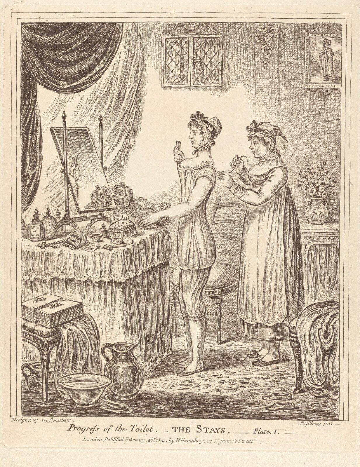 James Gillray, 1757–1815, British, Progress of the Toilet - The Stays Plate I, 1810, Etching, Yale Center for British Art, Paul Mellon Collection
