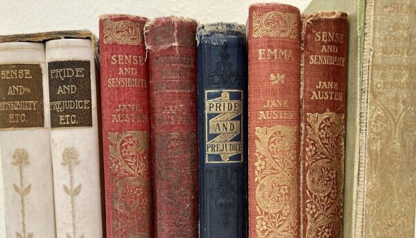 A row of books from the collection: 'Pride and Prejudice', 'Sense and Sensibility' and 'Emma'