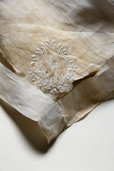 Handkerchief worked by Jane Austen for her sister Cassandra: close up of embroidery