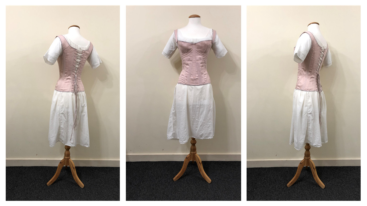 Pale pink corset, designed by Alexandra Byrne for Emma (2020), and chemise. Both on loan from Cosprop Ltd