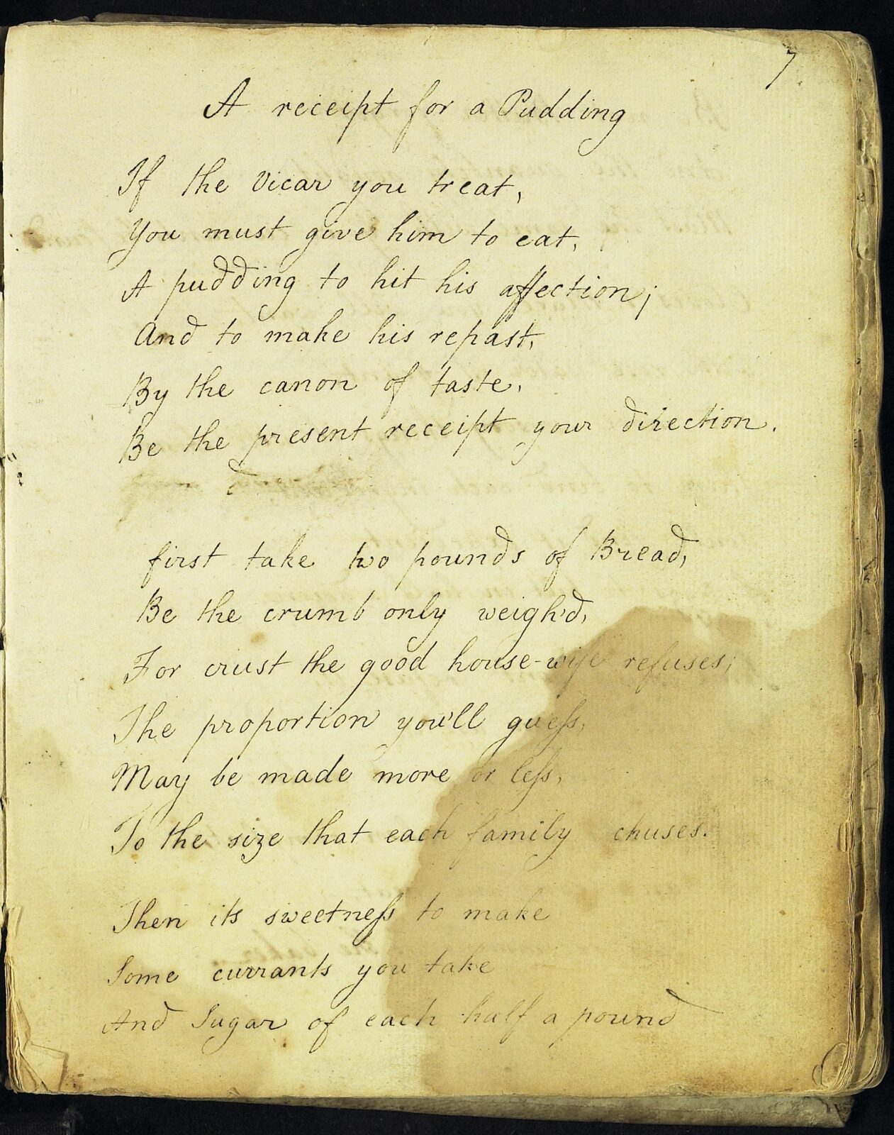 First page of 'A receipt for a Pudding', from Martha Lloyd's handwritten household book