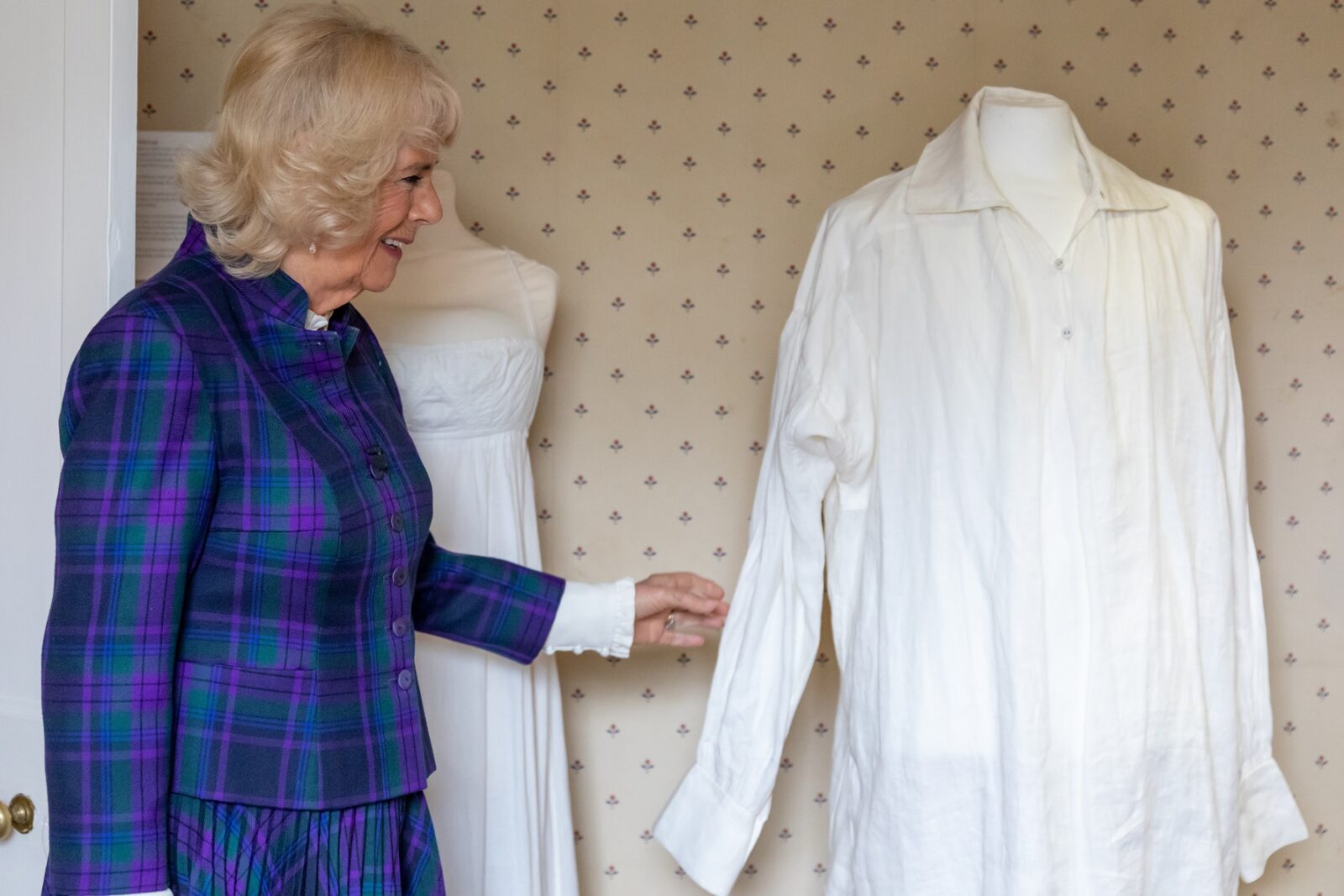 HRH The Duchess of Cornwall with the iconic Mr Darcy shirt, worn by Colin Firth in the 1995 BBC adaptation of Pride and Prejudice