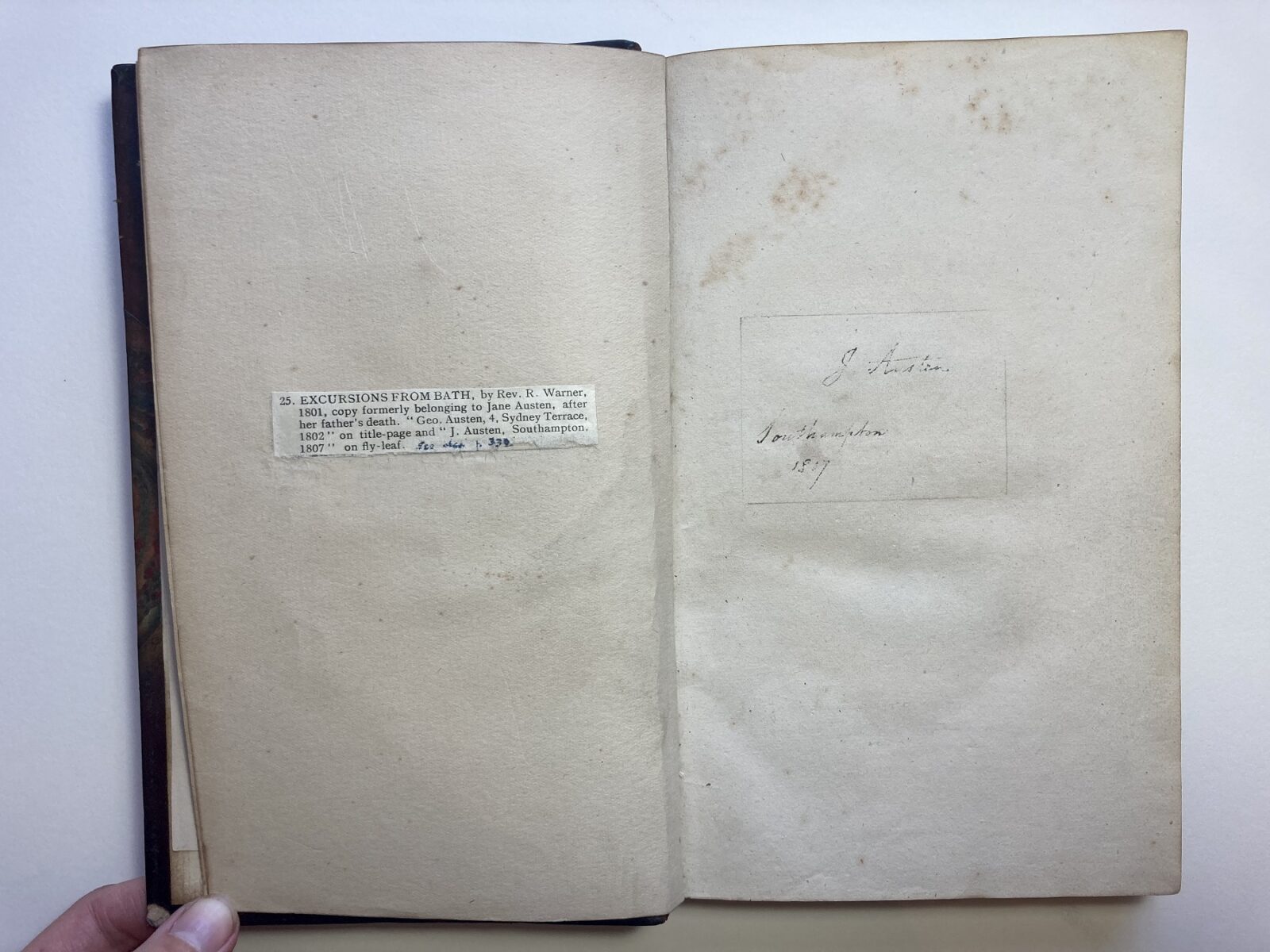 Inscription by Jane Austen on the fly leaf of 'Excursions from Bath'. It reads: J. Austen. Southampton 1807