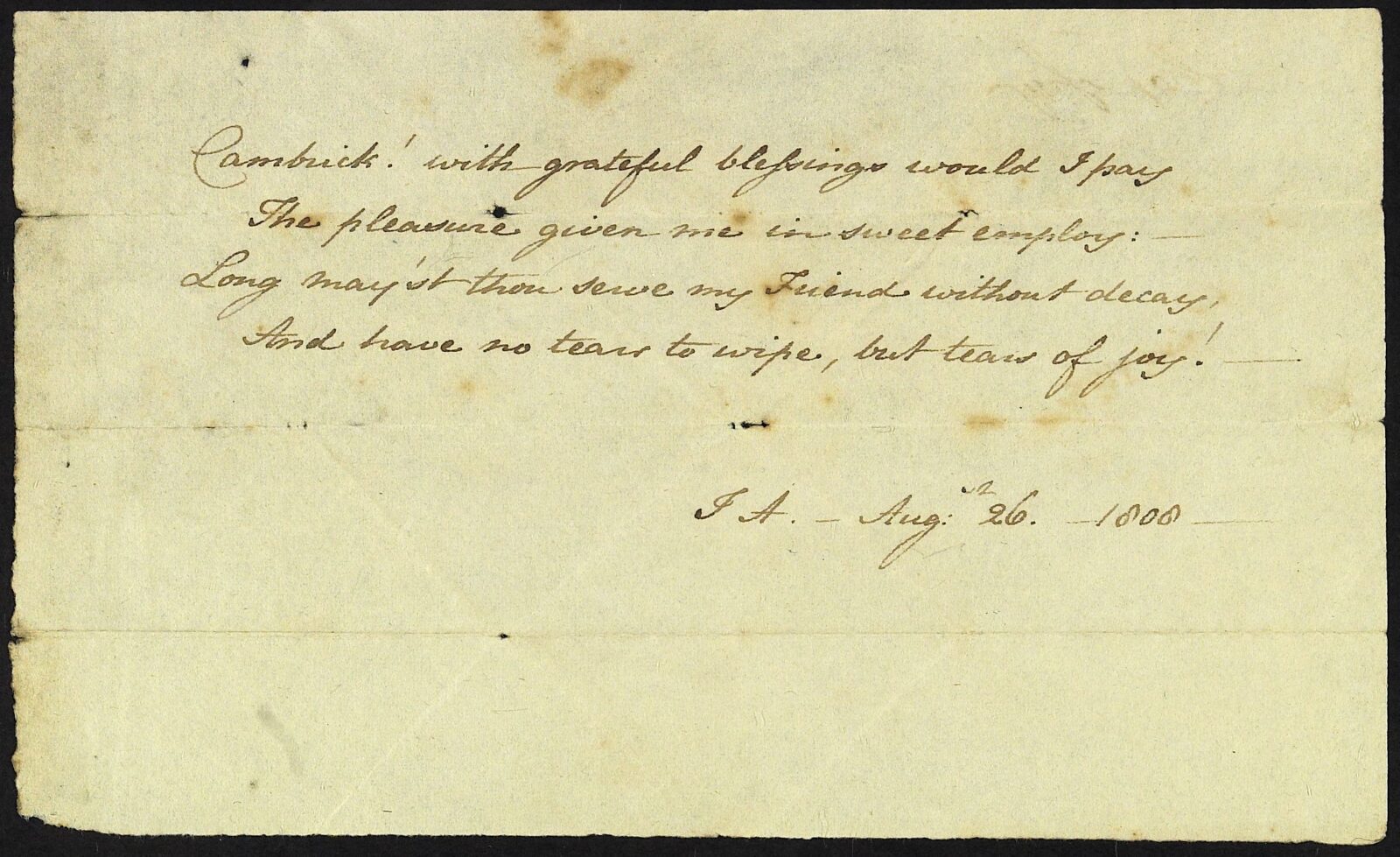 Four lines of verse by Jane Austen to Catherine Bigg dated 26th August 1808, to accompany a wedding gift of handkerchiefs.