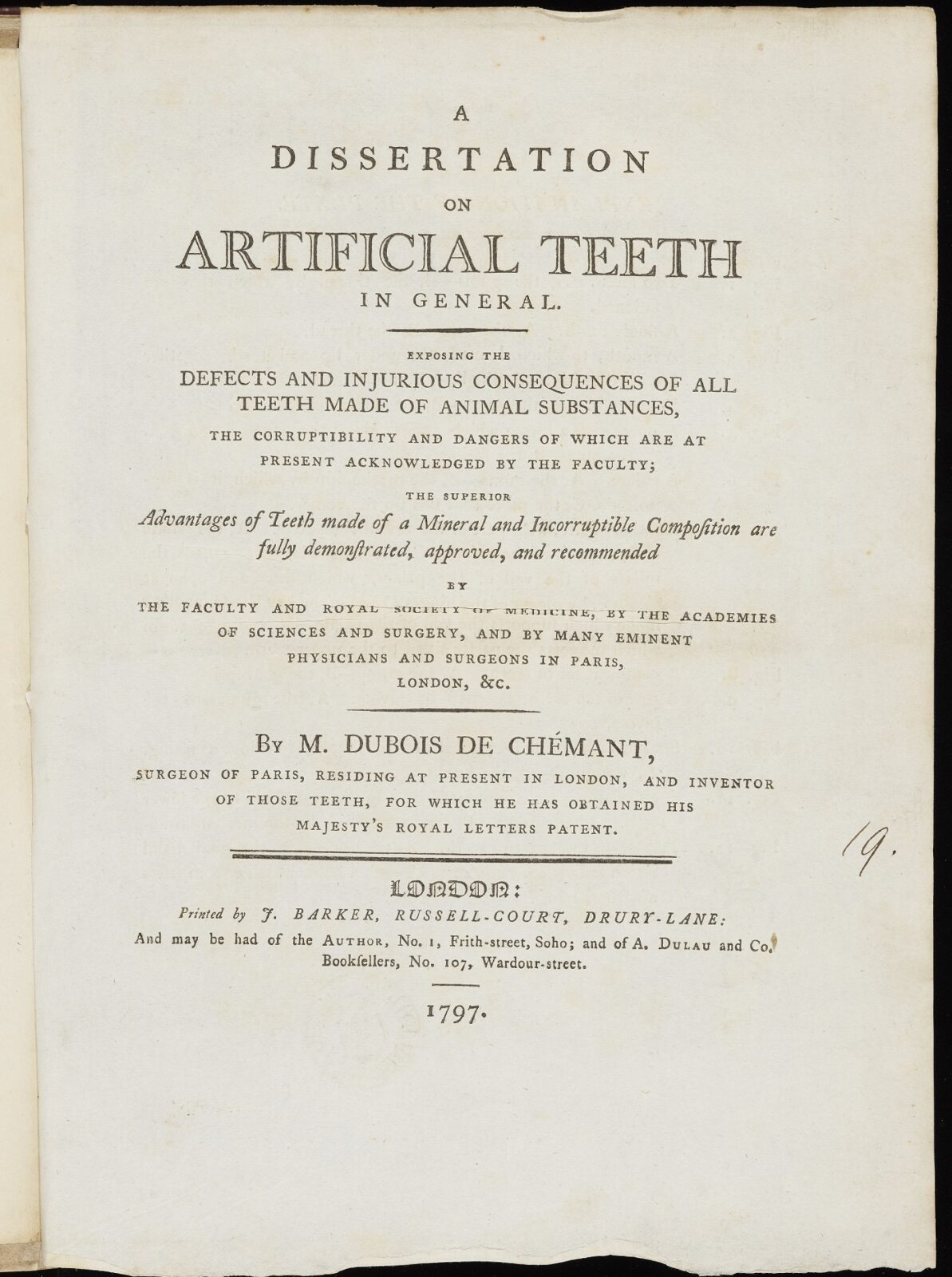 Nicolas Dubois de Chémant, A dissertation on artificial teeth in general (London, 1797) Bodleian Libraries, G.Pamph. 1814 (19)