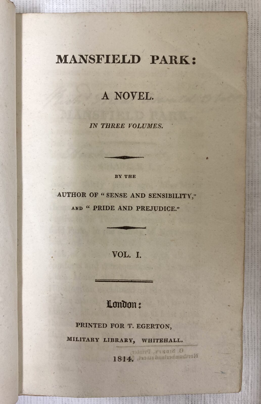 Title page of Mansfield Park first edition, volume 1