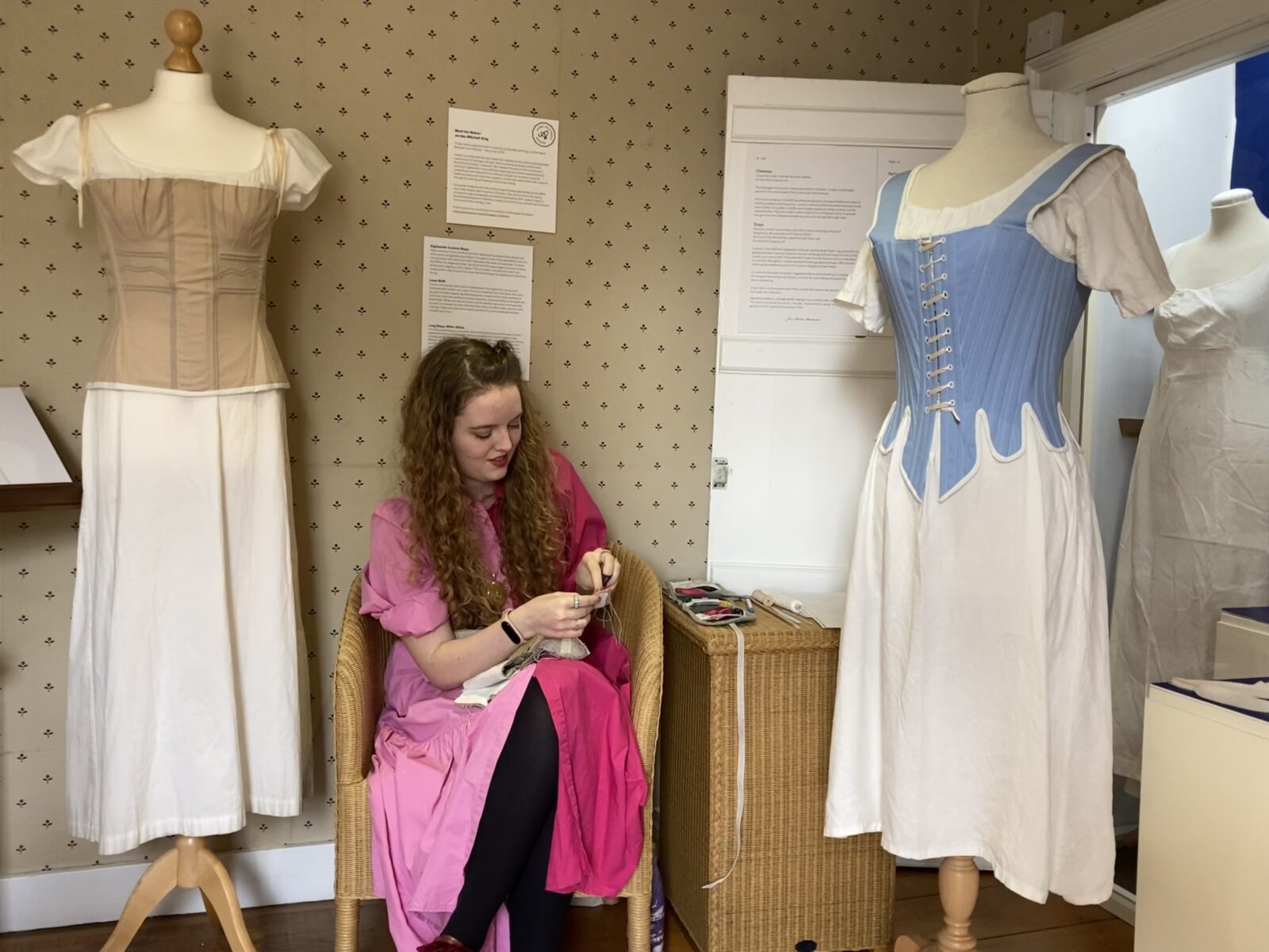 Jordan Mitchell King sews her reproduction stays at the House