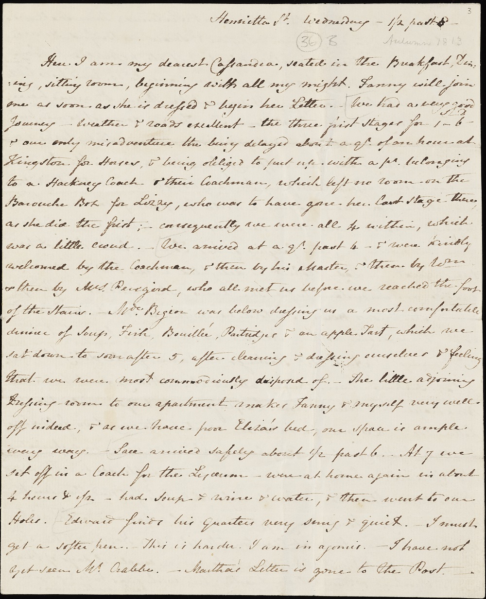 Page 1 of a letter from Jane Austen to Cassandra Austen 15th-16th September 1813