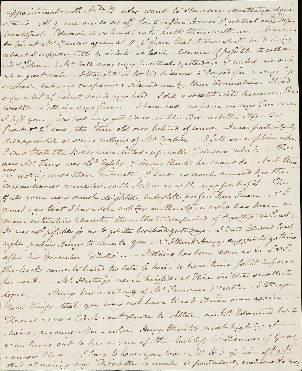 Page 5 of a letter from Jane Austen to Cassandra Austen 15th-16th September 1813