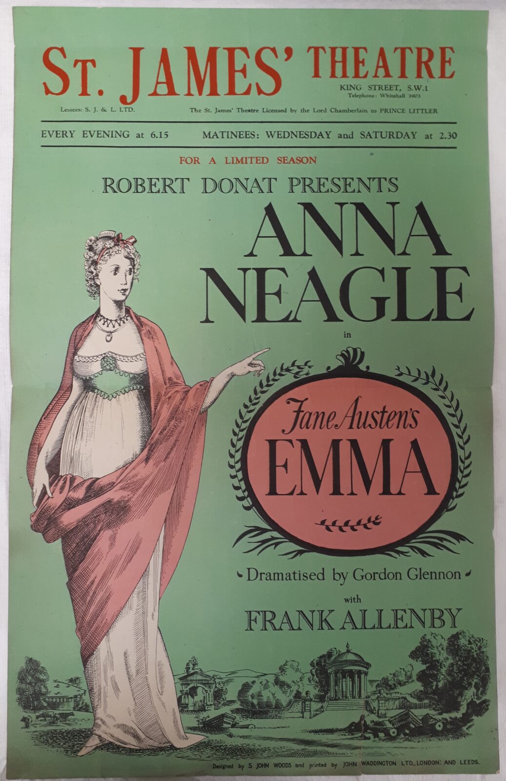 St. James Theatre poster for the 1945 theatrical production of Emma, starring Anna Neagle