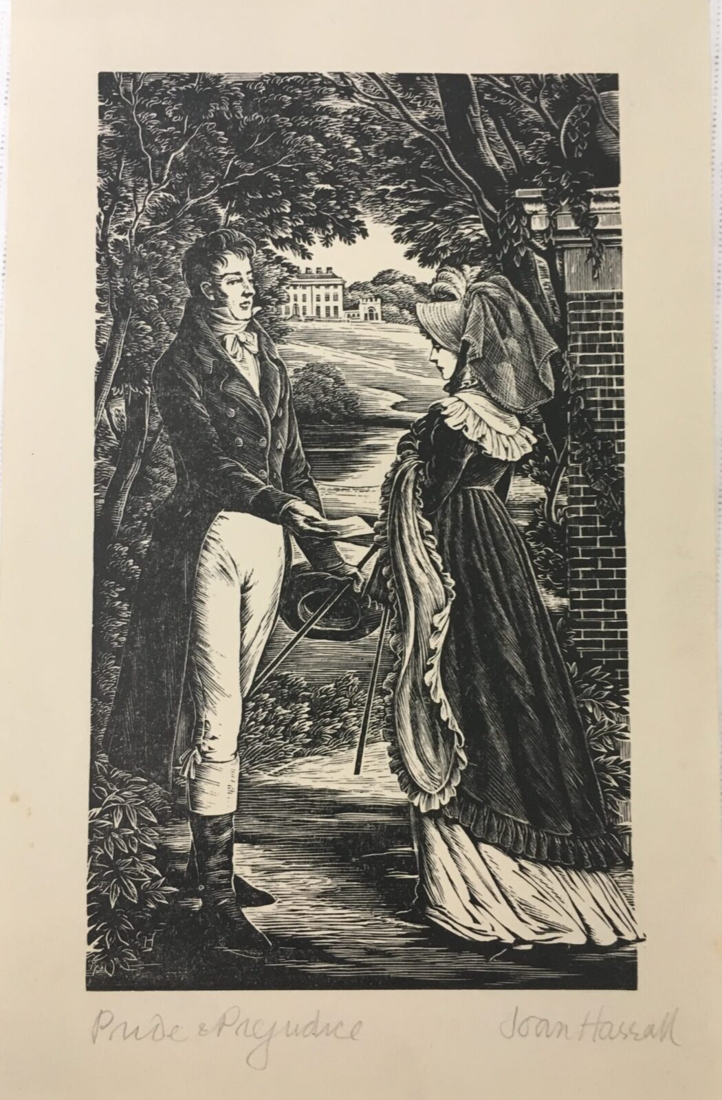 Wood engraving illustrations for Pride and Prejudice, by Joan Hassell, 1957. The scene shown is Darcy handing Elizabeth his letter, at Rosings Park.