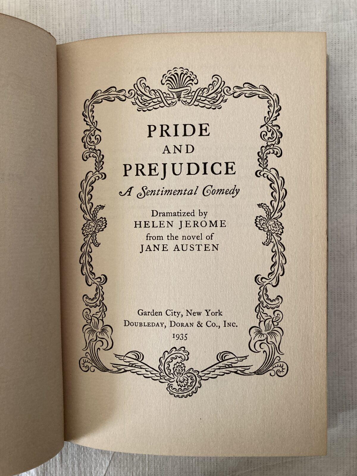 Title page of Pride and Prejudice, A Sentimental Comedy, by Helen Jerome. Published by Doubleday, Doran & Co, New York. First edition, 1935