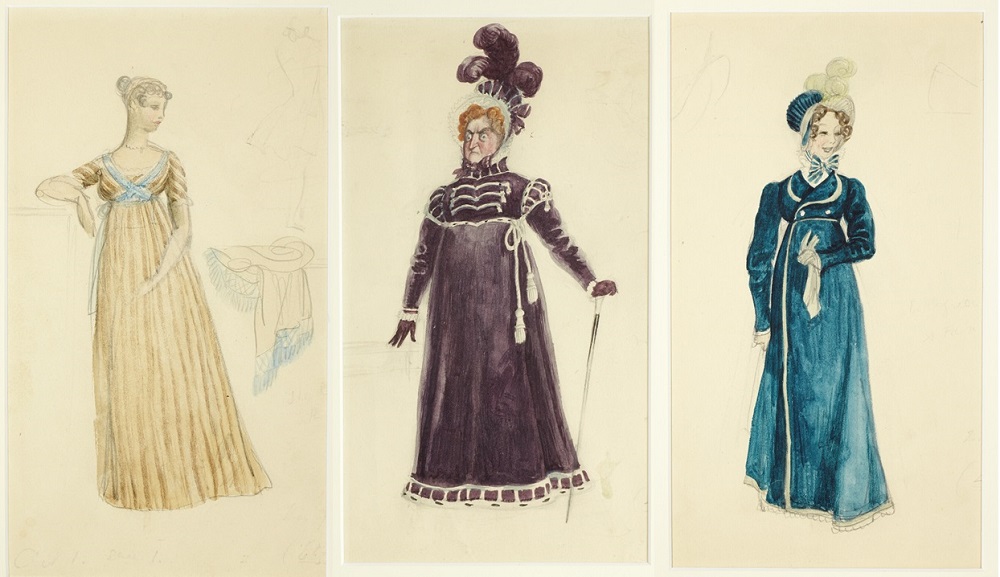Costume designs for Pride and Prejudice, by Rex Whistler, 1937. From left to right: Elizabeth Bennet, Lady Catherine de Bourgh, Lydia Bennet