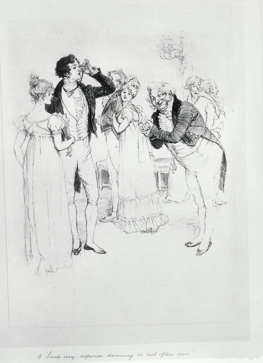 Printer's test proof plate print, illustration for 'Pride and Prejudice', by Hugh Thomson. Scene titled: "Such very superior dancing is not often seen".