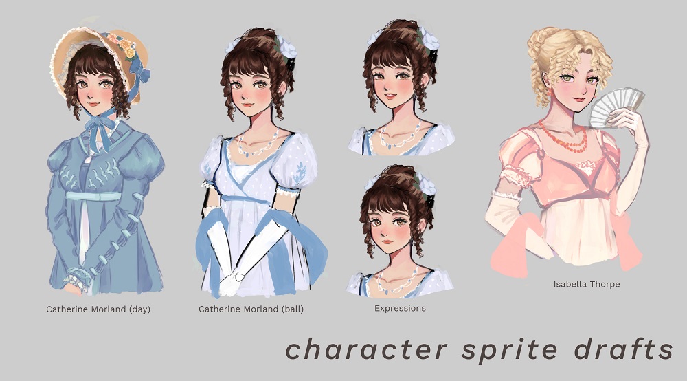 Character sketches for Northanger Abbey visual novel, by Tricia Yu