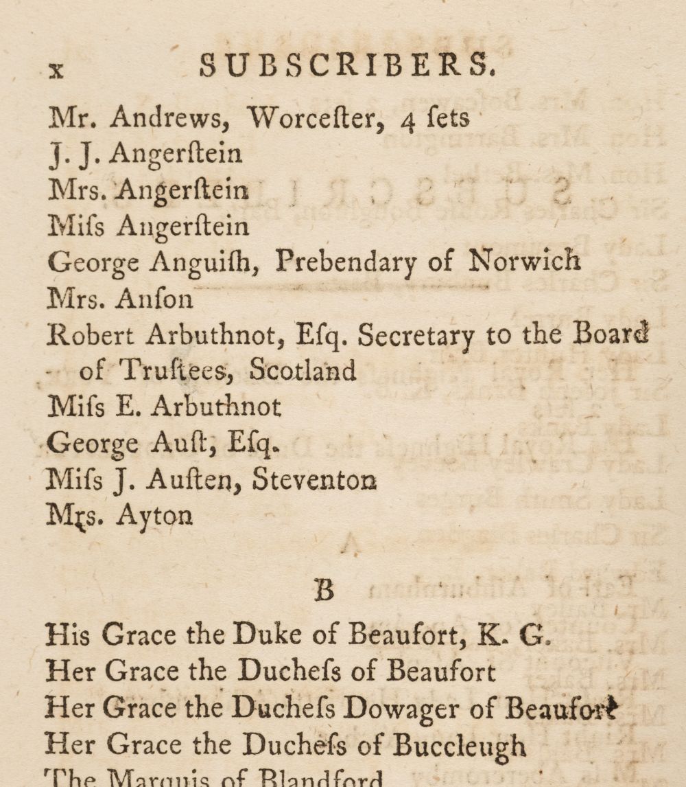 Subscription page in the first volume of 'Camilla', showing 'Miss J Austen, Steventon;