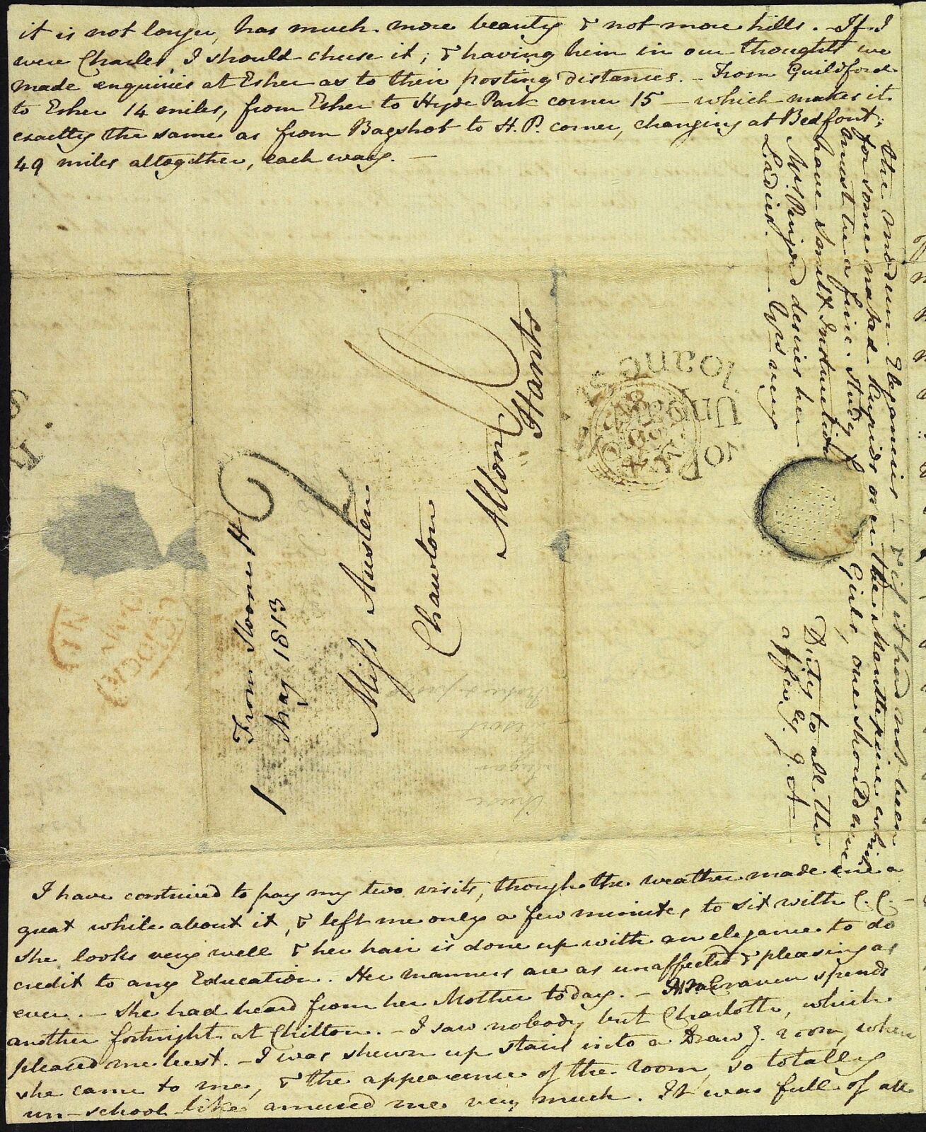 Letter from Jane Austen to Cassandra Austen, 20 May 1813, page 4 showing address