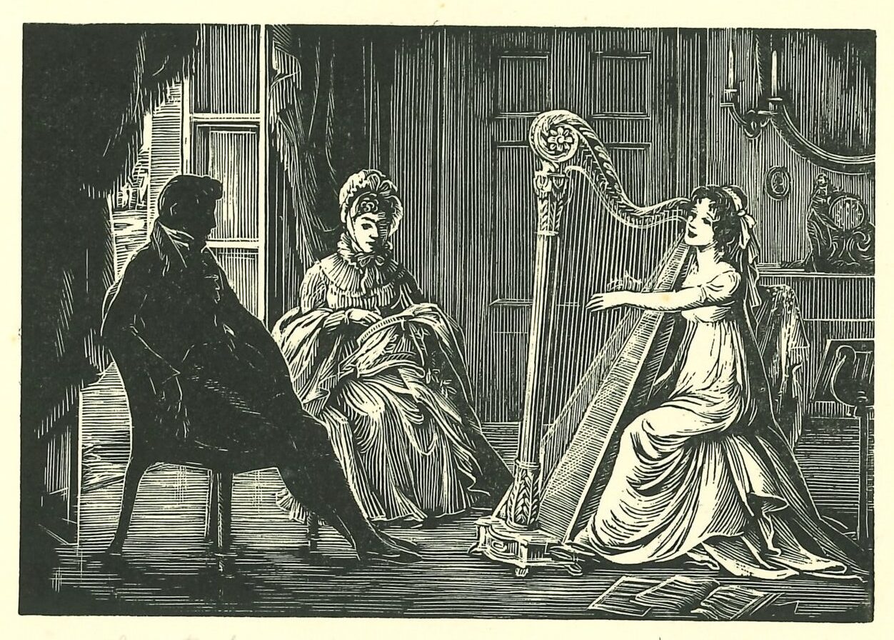 Wood engraving illustration by Joan Hassall for Mansfield Park, showing Mary Crawford playing the harp whilst Edmund listens and Mrs Grant sits sewing