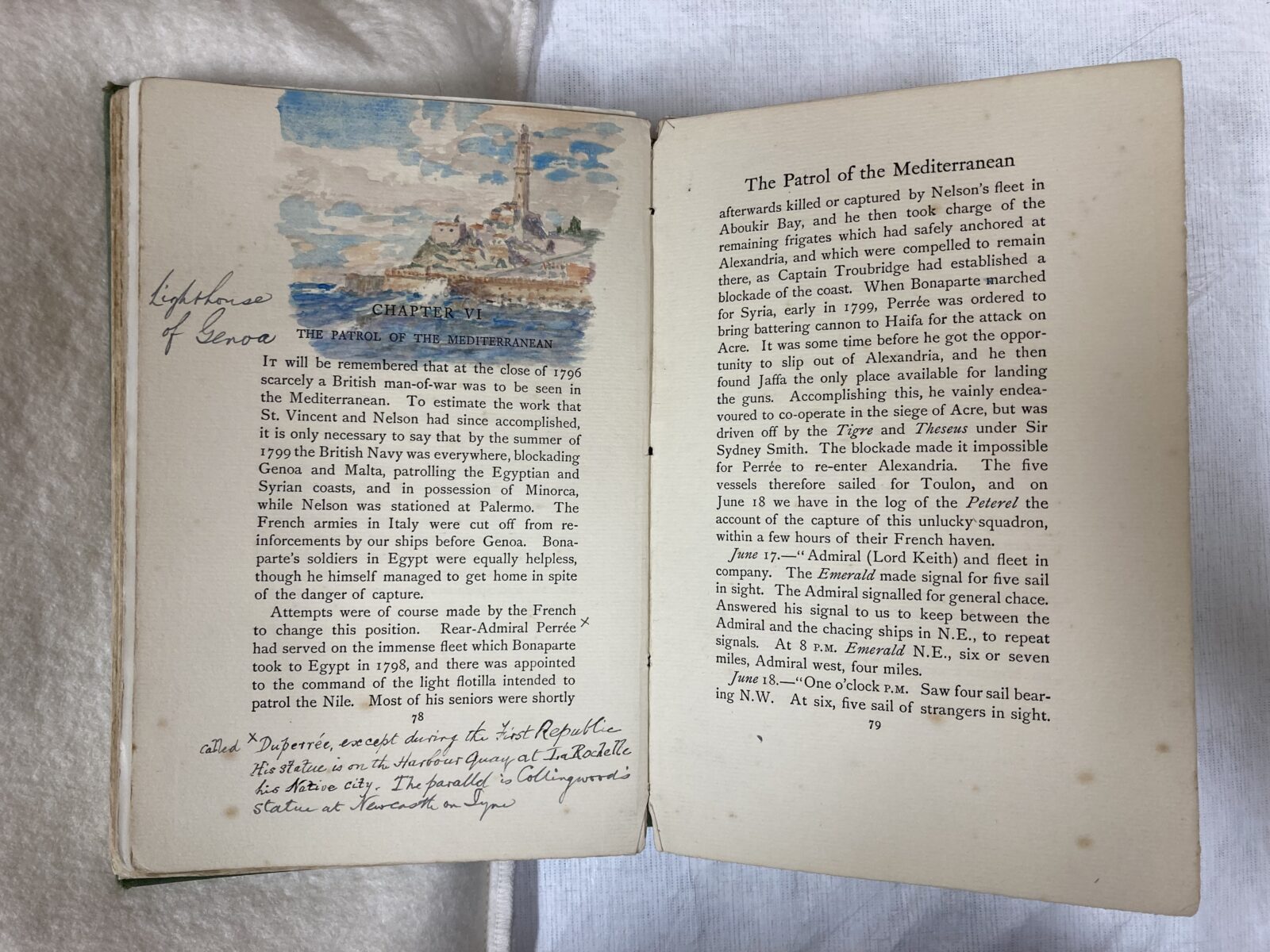 Jane Austen's Sailor Brothers, open on page 78-9, showing corrections and a hand-painted watercolour scene labelled 'Lighthouse of Genoa'