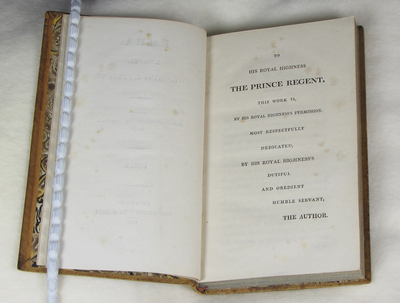 First edition of Emma, open at the dedication to the Prince Regent