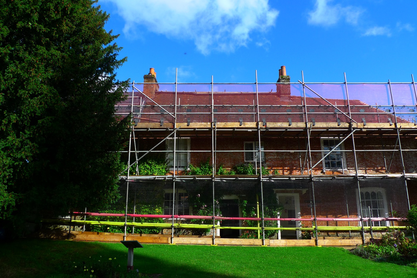 Scaffolding on Jane Austen's House for our major roof repair project, Spring 2022