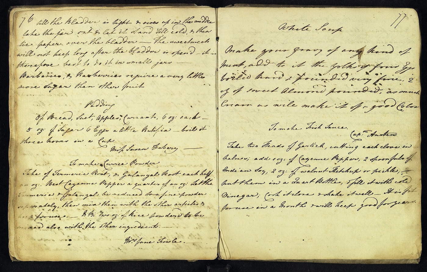 A page from Martha Lloyd's household book showing her handwritten recipe for White Soup